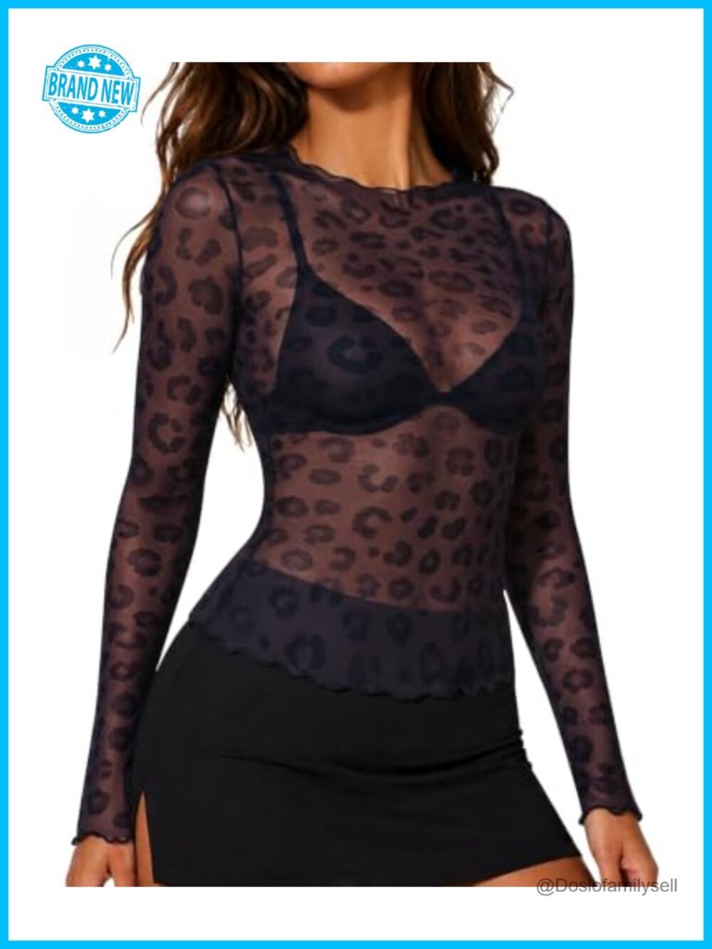 Women's Lace Mesh Long Sleeve Crewneck Sheer Blouse Ruffle Hem
